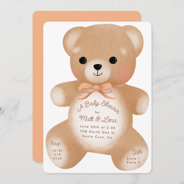 Teddy Peach Bow Baby Shower Invitation (Front/Back)