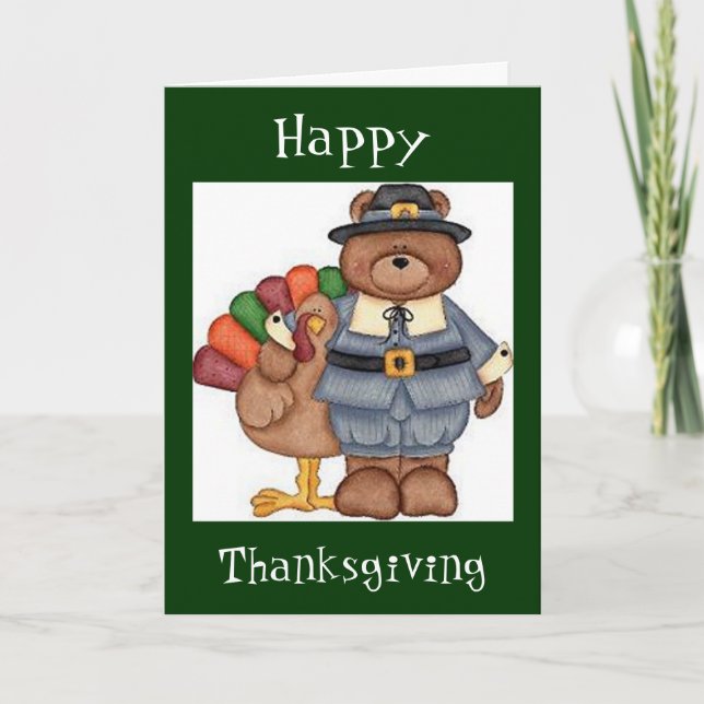 Teddy Pilgrim And Turkey Greeting Card (Front)