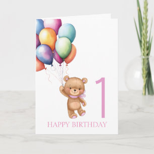 Teddy Pink 1st Birthday Balloons Card