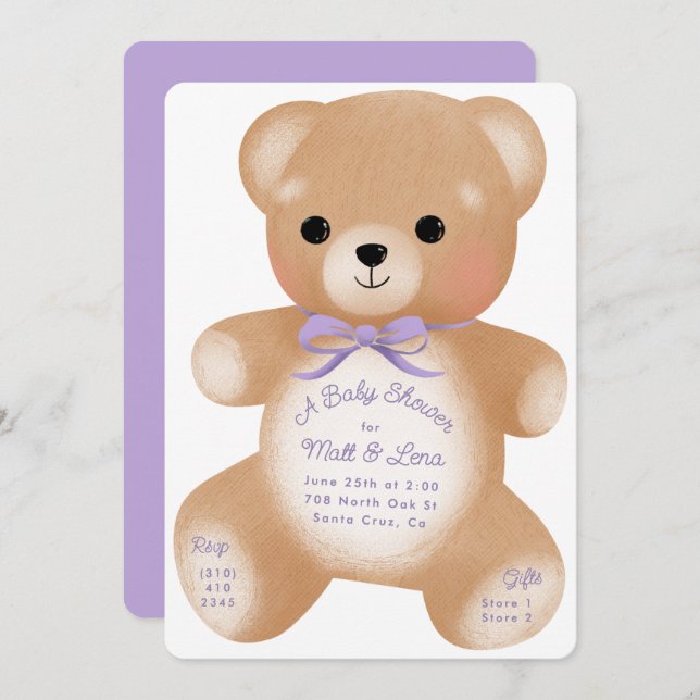 Teddy Purple Bow Baby Shower Invitation (Front/Back)