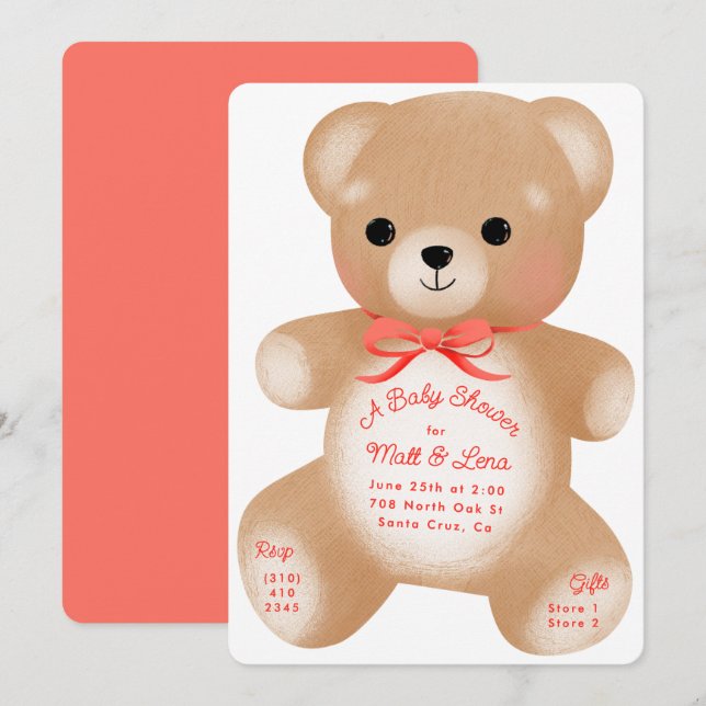 Teddy Red Bow Baby Shower Invitation (Front/Back)