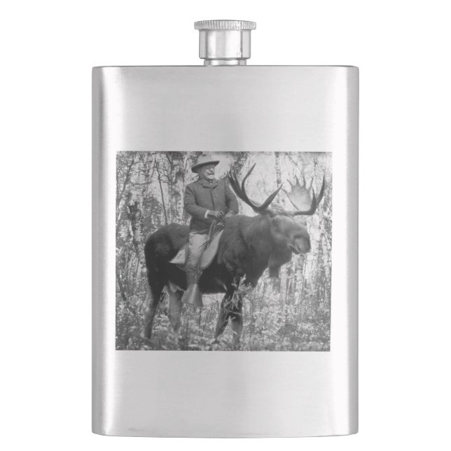 Teddy Roosevelt Riding A Bull Moose Hip Flask (Front)