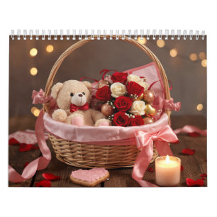 Teddy Rose Basket Romantic Valentine Desk Calendar