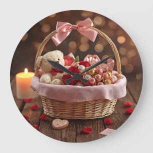 Teddy Rose Basket Romantic Valentines Decorative Large Clock