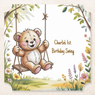 Teddy’s First Birthday Swing Party Paper Coaster