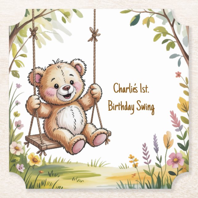 Teddy’s First Birthday Swing Party Paper Coaster (Front)