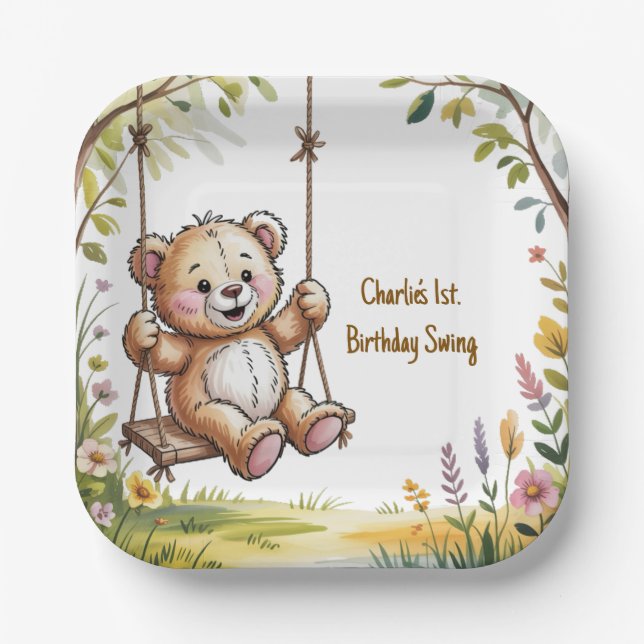 Teddy’s First Birthday Swing Party Paper Plate (Front)