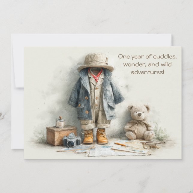Teddy Safari Explorer – 1st Birthday Invitation (Front)