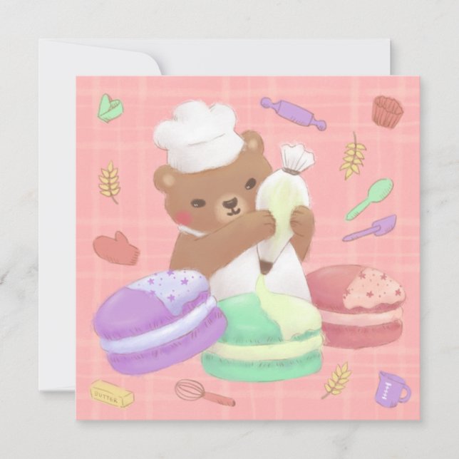 Teddy the Baker with Macarons Invitation (Front)