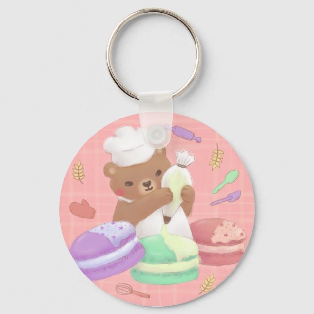 Teddy the Baker with Macarons Key Ring (Front)