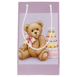 Teddy with a Pink Cake, by Natasha Us Small Gift Bag
