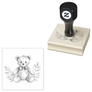 teddybear and leaves rubber stamp 