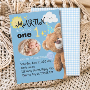 TeddyBear Blue Custom Photo Boy First 1st Birthday Invitation