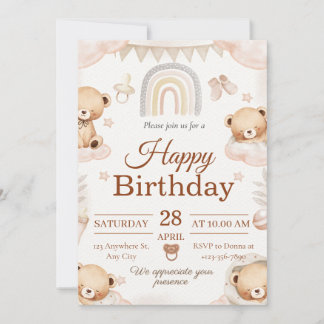 Teddyy bear baby birthday invitation