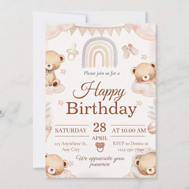 Teddyy bear baby birthday invitation  (Front)