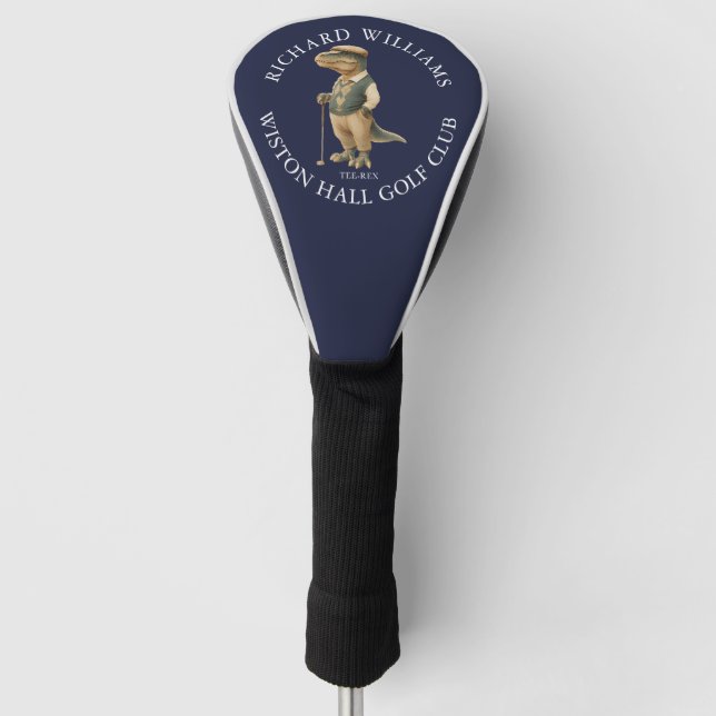 Tee-Rex Dinosaur Golfer Name And Club Navy Blue Golf Head Cover (Front)
