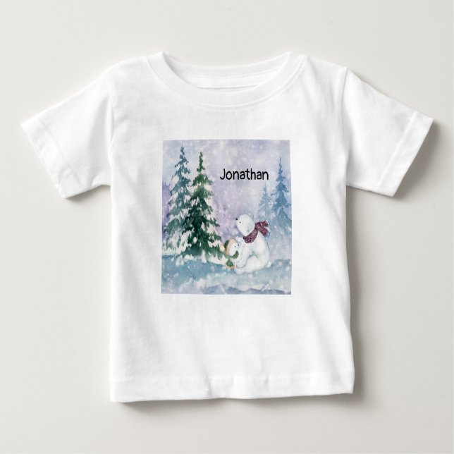 Tee Shirt for Baby Boy with Winter Scene & Bears (Front)