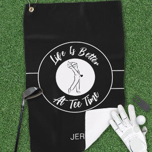 Tee Time Golfer Humour Sports Monogram Black White Golf Towel