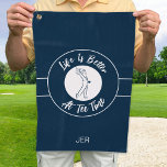 Tee Time Golfer Humour Sports Monogram Blue White Golf Towel<br><div class="desc">Funny custom design features a male golfer silhouette set in a white shape on a dark blue and white shaped circular border displaying curved text "Life Is Better At Tee Time!" in a modern white script font. You will also find a simple to use template for a monogrammed name, initials...</div>