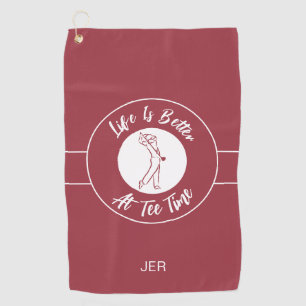 Tee Time Golfer Humour Sports Monogram Crimson Red Golf Towel