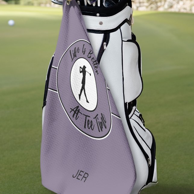 Tee Time Golfer Humour Sports Monogram Purple Blac Golf Towel (Creator Uploaded)