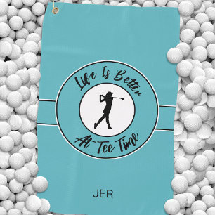 Tee Time Golfer Humour Sports Monogram Teal Black Golf Towel