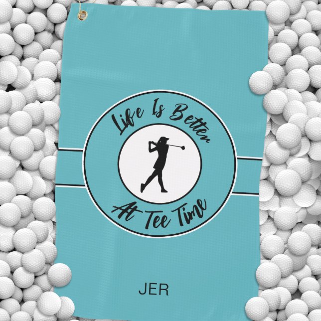 Tee Time Golfer Humour Sports Monogram Teal Black Golf Towel (Tee Time Golfer Humor Sports Monogram Teal Black Golf Towel)