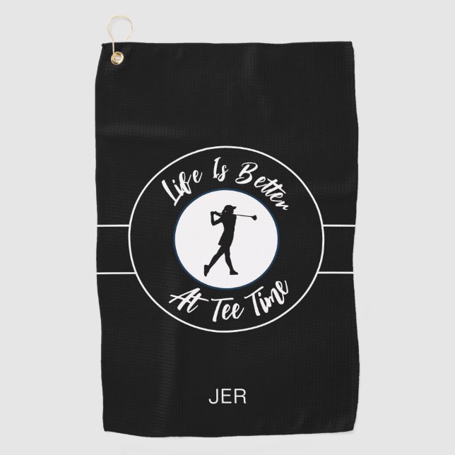 Tee Time Humour Monogram Black White Golf Towel (Front)