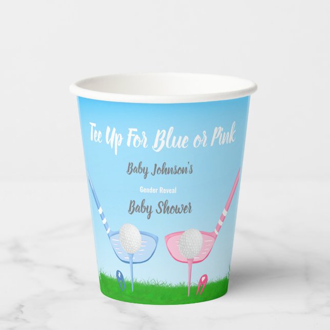 Tee Up Blue or Pink Golf Gender Reveal Baby Shower Paper Cups (Front)