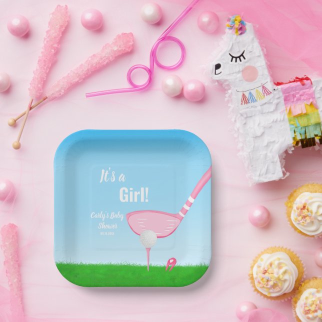 Tee Up Pink Golf Gender Reveal Baby It's A Girl Paper Plate (Party)