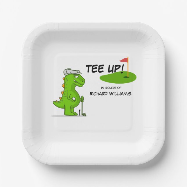 Tee Up Retired Golf Dinosaur Player Comic Paper Plate (Front)