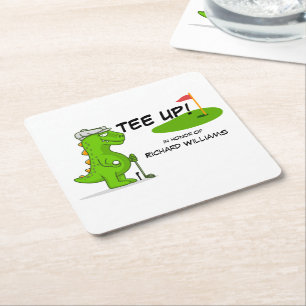 Tee Up Retired Golf Dinosaur Player Comic Square Paper Coaster