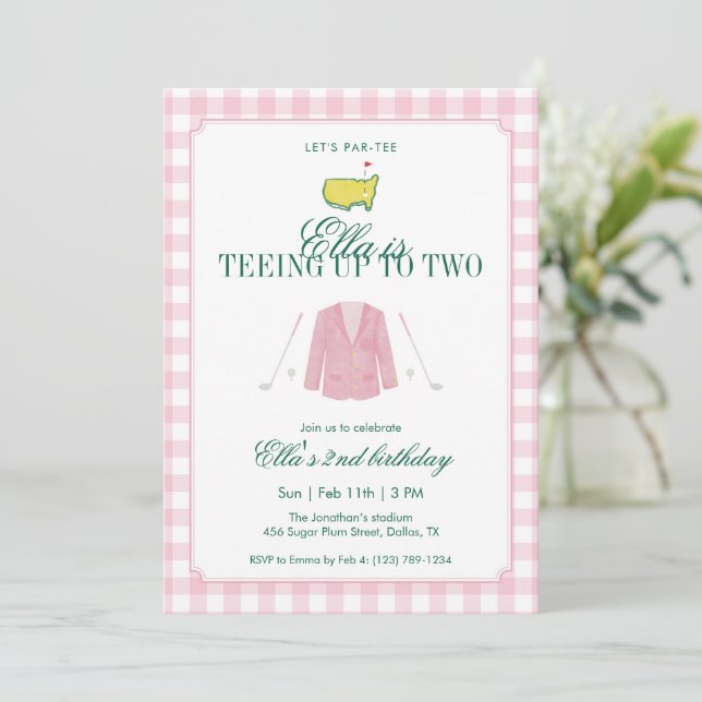 Teeing Up To Two Golf 2nd Birthday Pink Gingham Invitation (Standing Front)