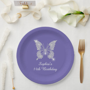 Teen B'day, Diamond Butterfly Name Age, Periwinkle Paper Plate
