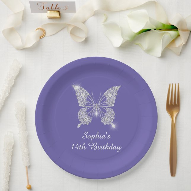 Teen B'day, Diamond Butterfly Name Age, Periwinkle Paper Plate (Wedding)