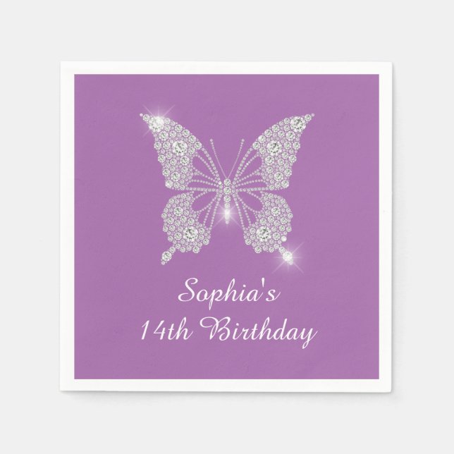 Teen Birthday Diamond Butterfly Name Age, Lavender Napkin (Front)