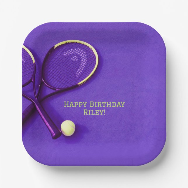 Teen Birthday Purple Court Rackets Tennis Ball  Paper Plate (Front)