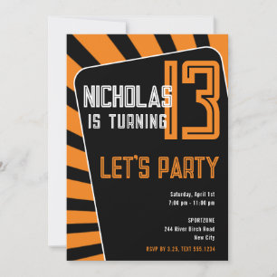 Teen Boy 13th Birthday-Any Age Black, Orange Invitation