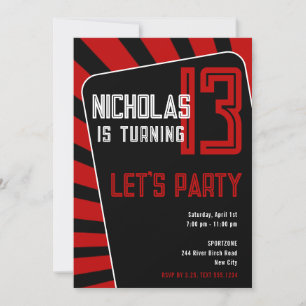 Teen Boy 13th Birthday-Any Age Black, Red Invitation