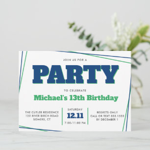 Teen Boy Birthday, 13 or Any Age, Blue Green Invitation