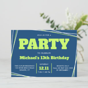 Teen Boy Birthday, 13 or Any Age, Blue Green Invitation