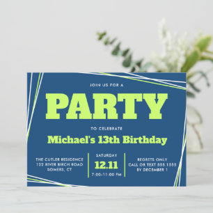Teen Boy Birthday, 13 or Any Age, Blue Green Invitation