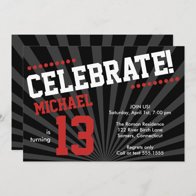 Teen Boy Birthday Invitation-Any Year, Red Invitation (Front/Back)