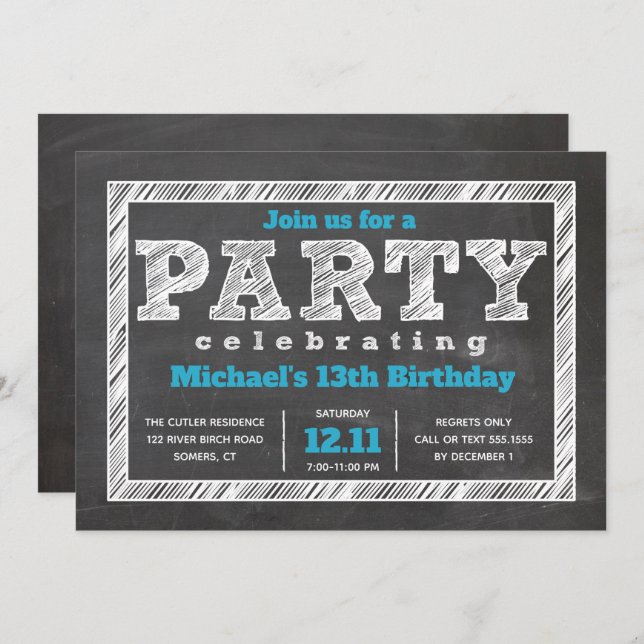 Teen Boy Birthday Invitation, Chalkboard, Blue Invitation (Front/Back)