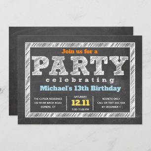 Teen Boy Birthday Invitation Chalkboard Multicolor
