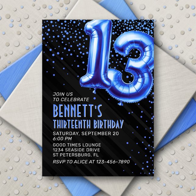 Teen Boy Blue 13th Birthday Invitation (Creator Uploaded)