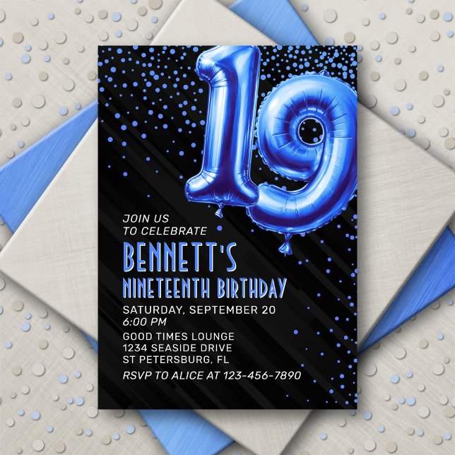 Teen Boy Blue 19th Birthday Invitation (Creator Uploaded)