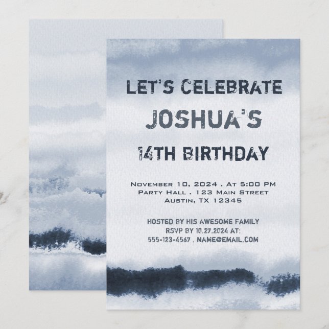 Teen Boy Blue Watercolor Minimalist Birthday Invitation (Front/Back)