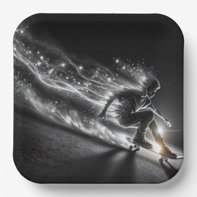 Teen Boy On a Skateboard With Neon Lights Paper Plate (Front)