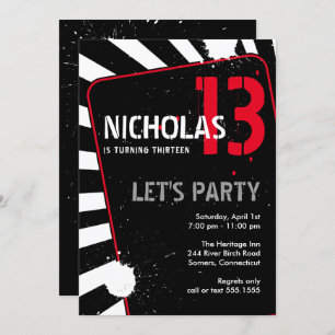 Teen Boy Party Invitation Black, White and Red